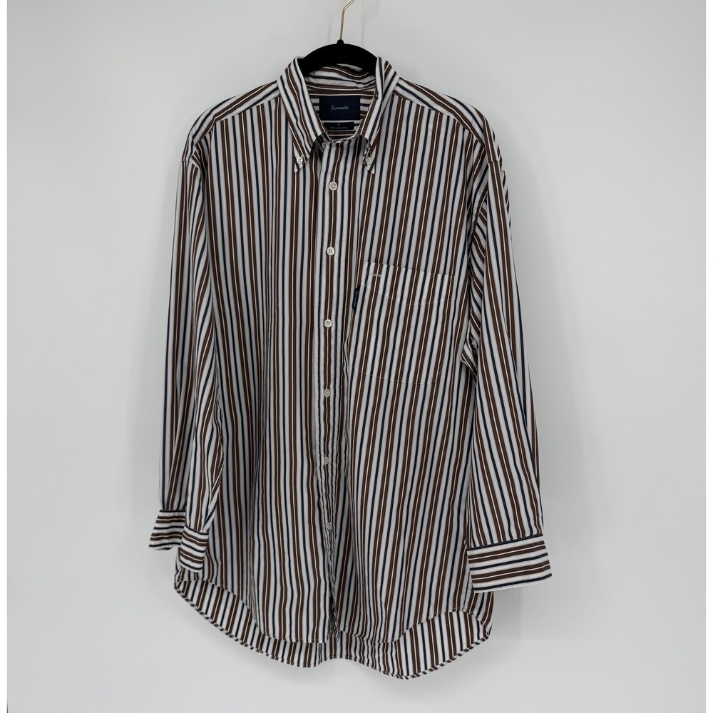 Faconnable Mens Brown Navy Blue Striped Cotton Button Down Shirt Size M